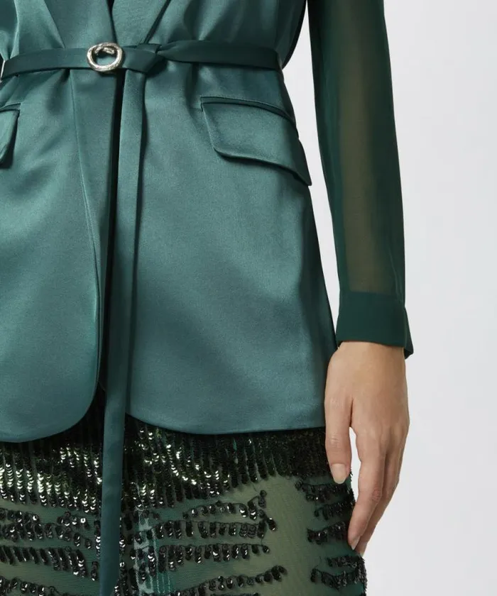 Women Jackets Pinko Shiny Blazer With Transparent Sleeves Dark Bottle Green Women Jackets Pinko Shiny Blazer With Transparent Sleeves Dark Bottle Green