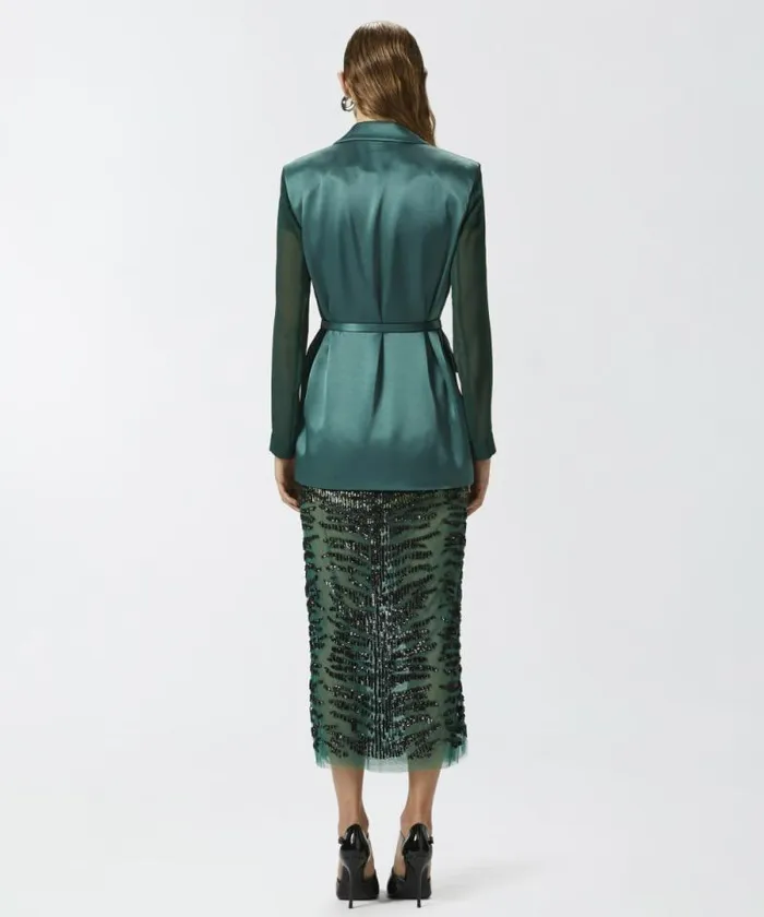 Women Jackets Pinko Shiny Blazer With Transparent Sleeves Dark Bottle Green Women Jackets Pinko Shiny Blazer With Transparent Sleeves Dark Bottle Green