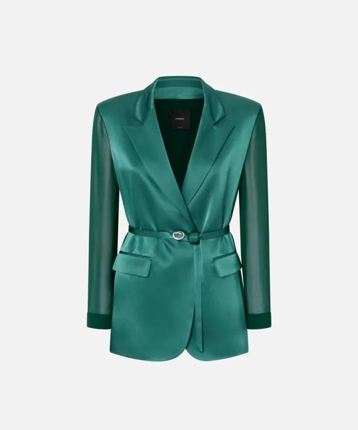 Women Jackets Pinko Shiny Blazer With Transparent Sleeves Dark Bottle Green Women Jackets Pinko Shiny Blazer With Transparent Sleeves Dark Bottle Green