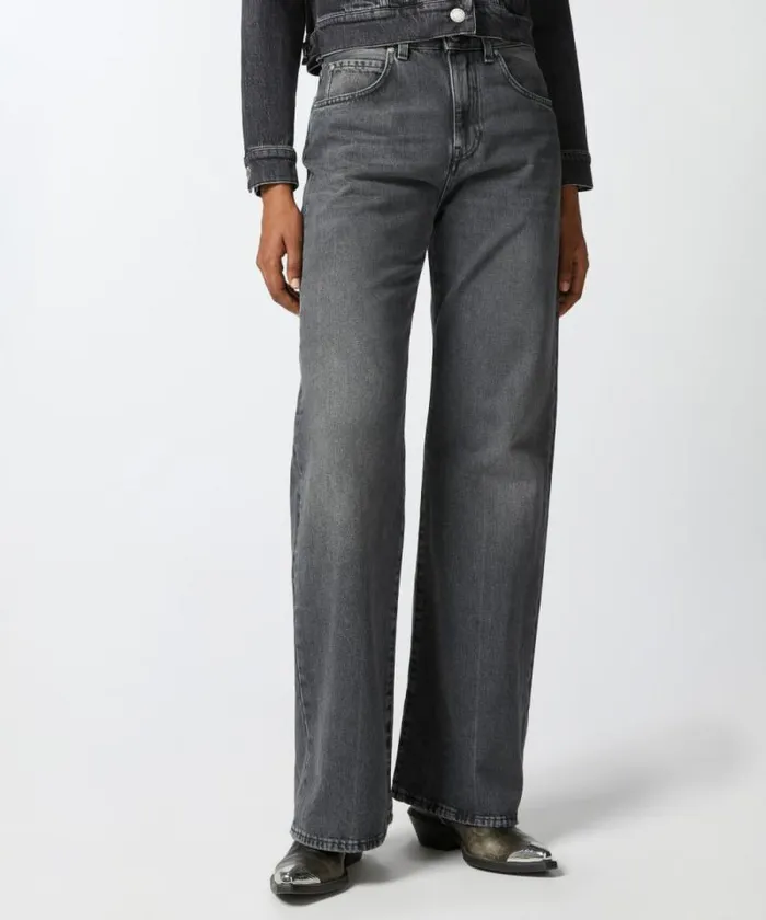 Women Jeans Pinko Wideleg Grey Vintage Denim Jeans Dark Grey Dirty Wash Women Jeans Pinko Wideleg Grey Vintage Denim Jeans Dark Grey Dirty Wash