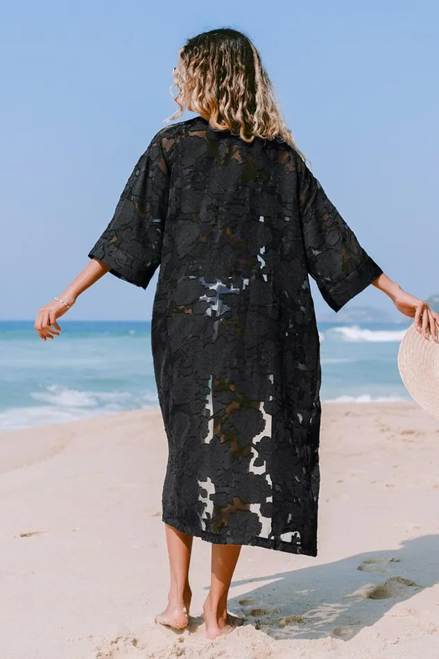 Women Kaftans Cupshe Sylvie Black Open Front Cover Up Black