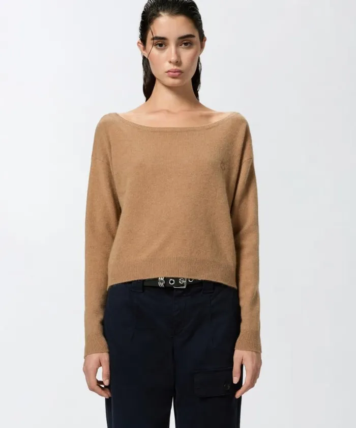 Women Knitwear Pinko Cashmereblend Sweater With Embroidered Logo Mocha Camel