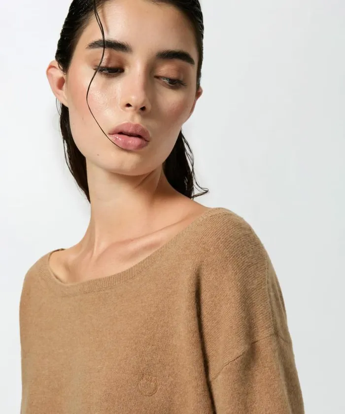 Women Knitwear Pinko Cashmereblend Sweater With Embroidered Logo Mocha Camel Women Knitwear Pinko Cashmereblend Sweater With Embroidered Logo Mocha Camel