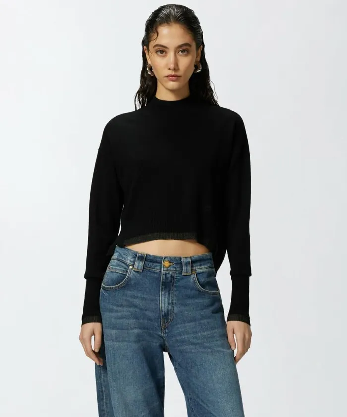 Women Knitwear Pinko Cashmereblend Turtleneck With Metallic Cuffs Limo Black