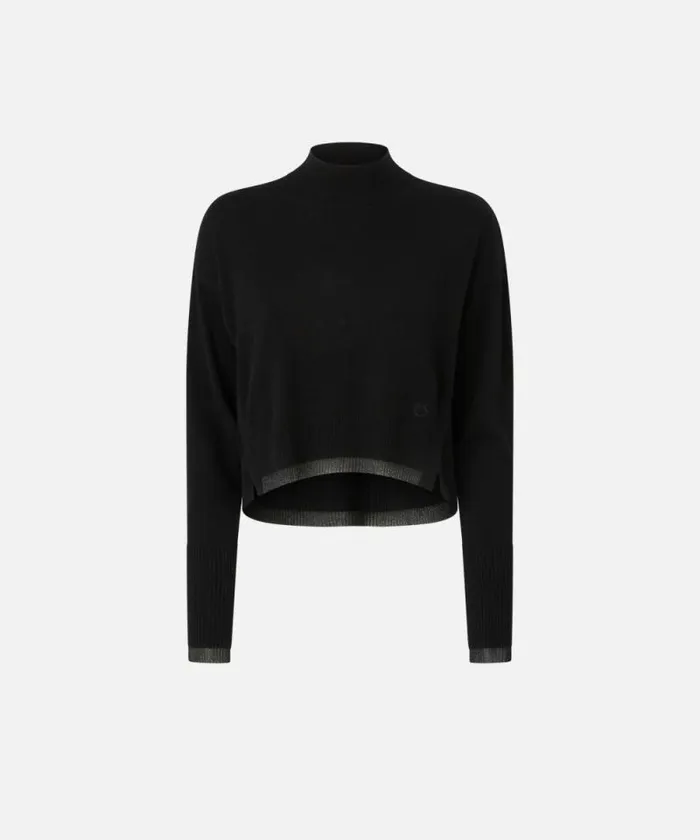Women Knitwear Pinko Cashmereblend Turtleneck With Metallic Cuffs Limo Black Women Knitwear Pinko Cashmereblend Turtleneck With Metallic Cuffs Limo Black