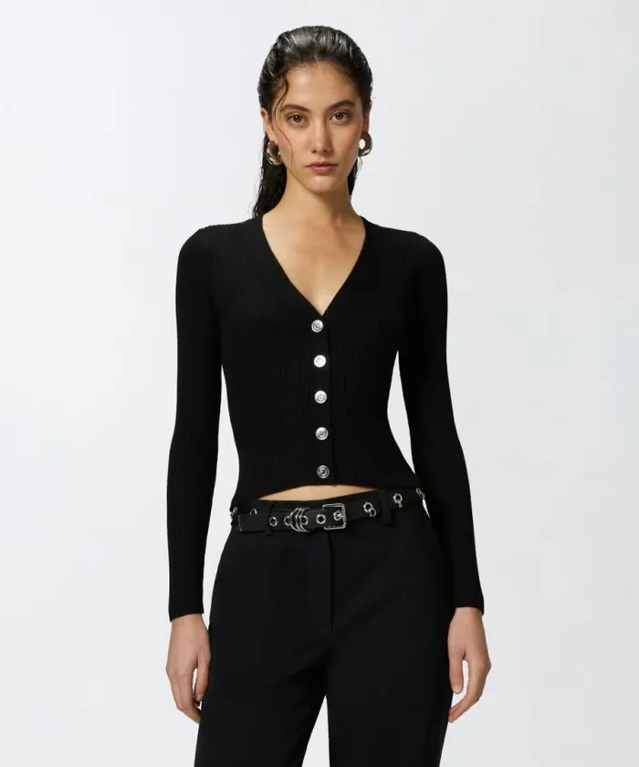 Women Knitwear Pinko Ribbed Fitted Cardigan With Logo Inlay Limo Black