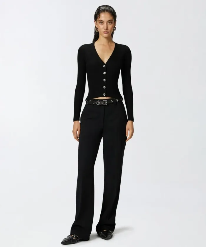 Women Knitwear Pinko Ribbed Fitted Cardigan With Logo Inlay Limo Black Women Knitwear Pinko Ribbed Fitted Cardigan With Logo Inlay Limo Black