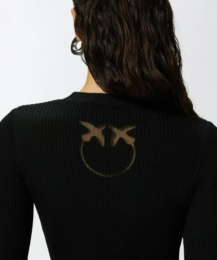 Women Knitwear Pinko Ribbed Fitted Cardigan With Logo Inlay Limo Black Women Knitwear Pinko Ribbed Fitted Cardigan With Logo Inlay Limo Black