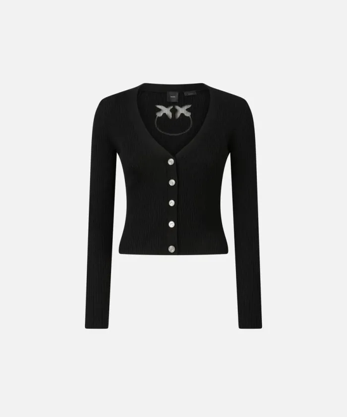 Women Knitwear Pinko Ribbed Fitted Cardigan With Logo Inlay Limo Black Women Knitwear Pinko Ribbed Fitted Cardigan With Logo Inlay Limo Black