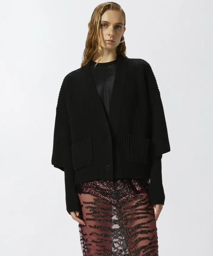 Women Knitwear Pinko Ribbed Wool And Cashmere Cardigan Limo Black Women Knitwear Pinko Ribbed Wool And Cashmere Cardigan Limo Black