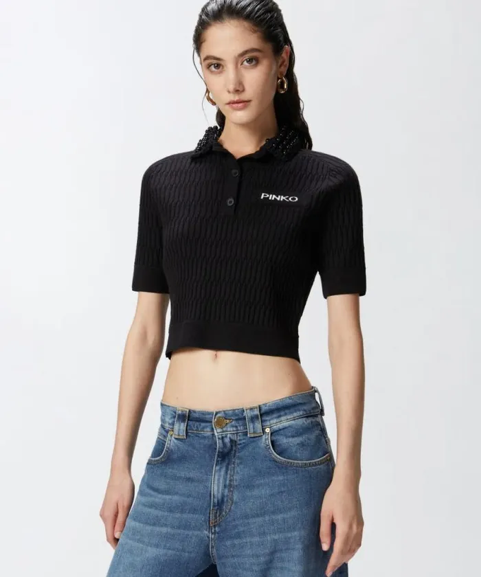 Women Knitwear Pinko Short Knit Polo With Beaded Crocheted Collar Limo Black