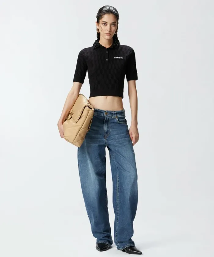 Women Knitwear Pinko Short Knit Polo With Beaded Crocheted Collar Limo Black Women Knitwear Pinko Short Knit Polo With Beaded Crocheted Collar Limo Black