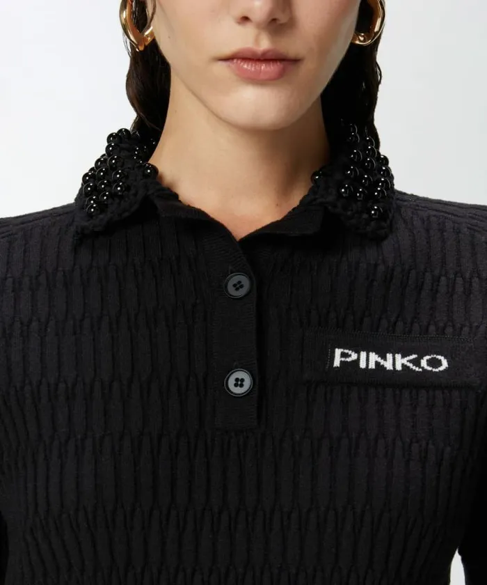 Women Knitwear Pinko Short Knit Polo With Beaded Crocheted Collar Limo Black Women Knitwear Pinko Short Knit Polo With Beaded Crocheted Collar Limo Black