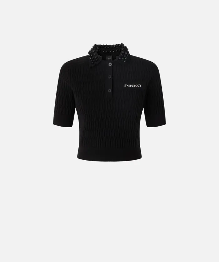 Women Knitwear Pinko Short Knit Polo With Beaded Crocheted Collar Limo Black Women Knitwear Pinko Short Knit Polo With Beaded Crocheted Collar Limo Black