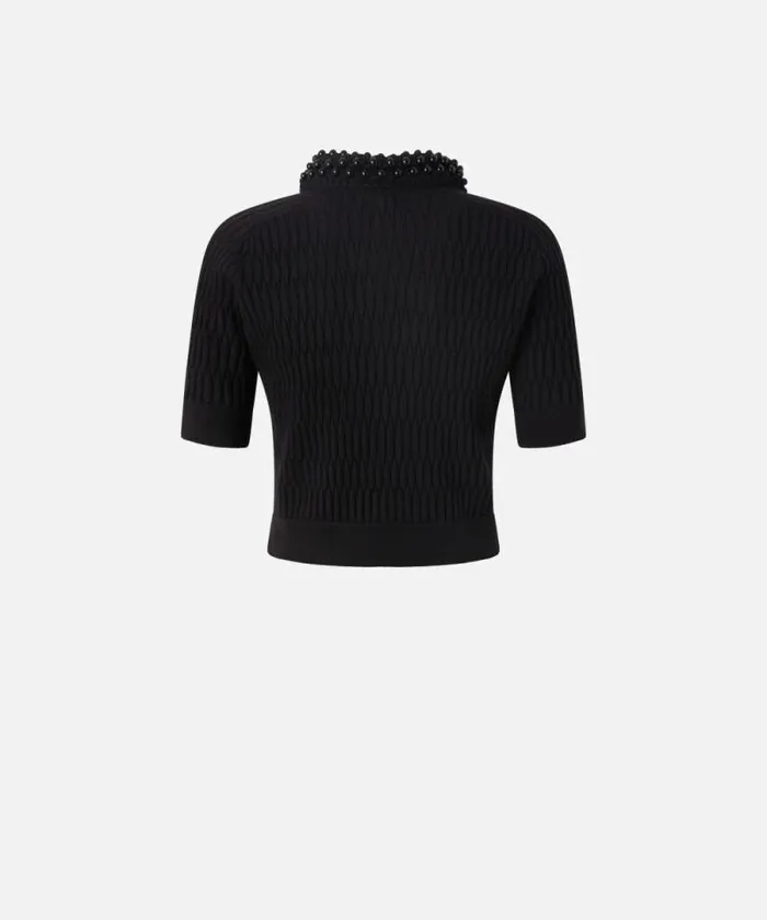 Women Knitwear Pinko Short Knit Polo With Beaded Crocheted Collar Limo Black Women Knitwear Pinko Short Knit Polo With Beaded Crocheted Collar Limo Black