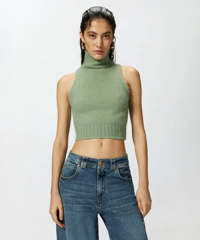 Women Knitwear Pinko Sleeveless Soft Knit Crop Top Jade Green