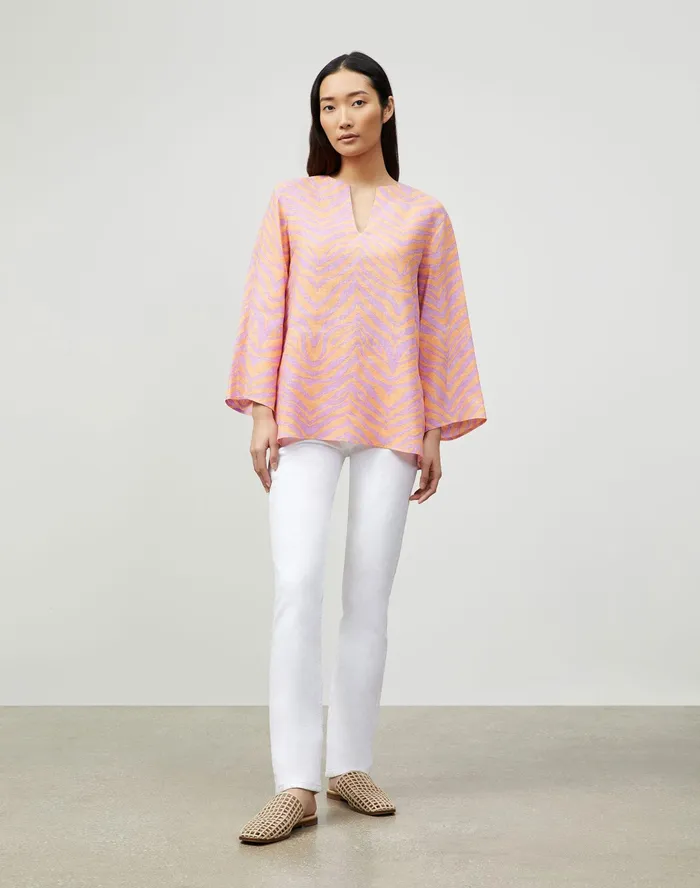 Women Lafayette 148 New York Blouses and Shirts Hawley Blouse In Zevron Print Linen Dahlia Multi