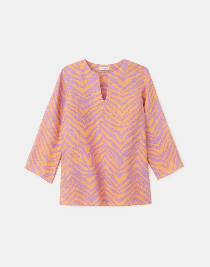 Women Lafayette 148 New York Blouses and Shirts Hawley Blouse In Zevron Print Linen Dahlia Multi