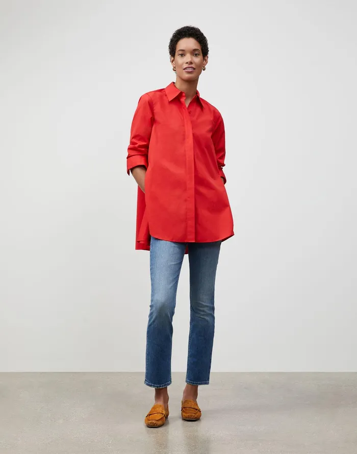 Women Lafayette 148 New York Blouses and Shirts PlusSize Italian Sculpted Cotton Carolyn Shirt Begonia