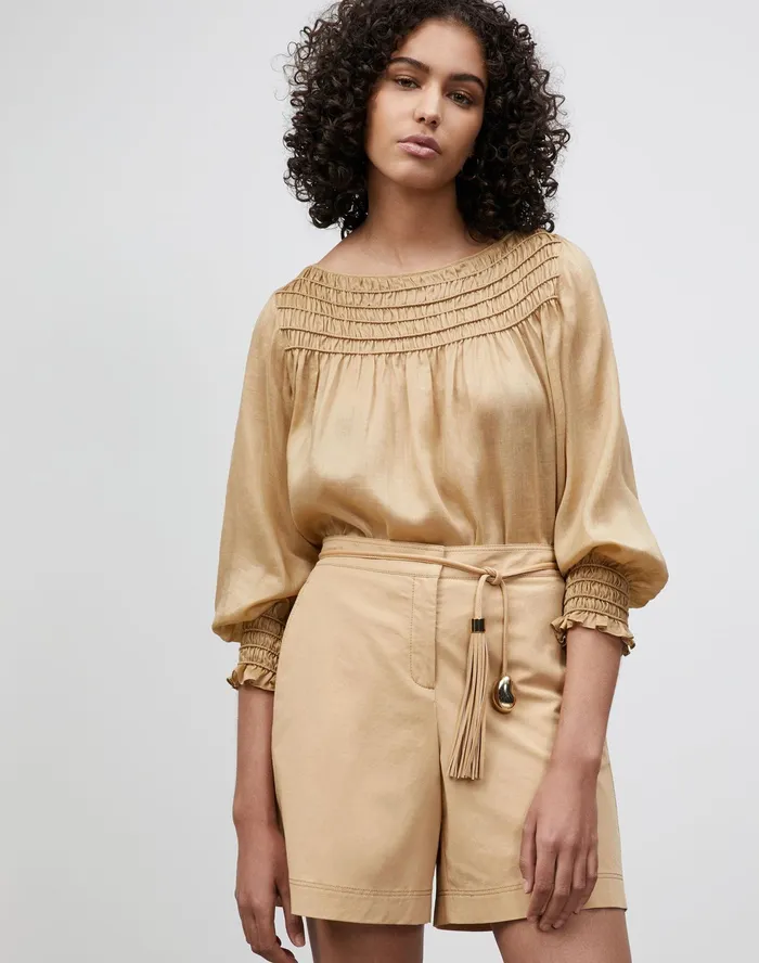 Women Lafayette 148 New York Blouses and Shirts PlusSize Paley Blouse In Gemma Cloth Honeynut