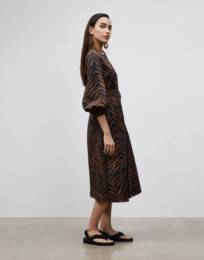 Women Lafayette 148 New York Dresses Louisa Dress In Zevron Print Coastal Cloth Mahogany Multi