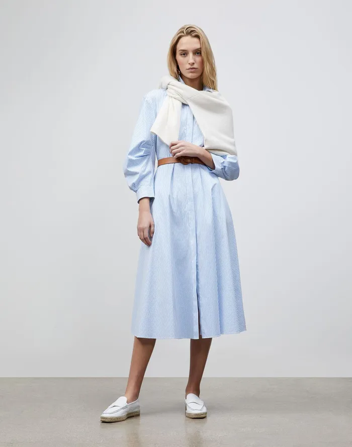 Women Lafayette 148 New York Dresses Petite Cailyn Dress In KindCotton Courtland Stripe Fresh Blue Multi