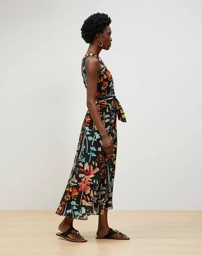 Women Lafayette 148 New York Dresses Petite Nia Midi Dress In Blooming Eden Print Silk Black Multi