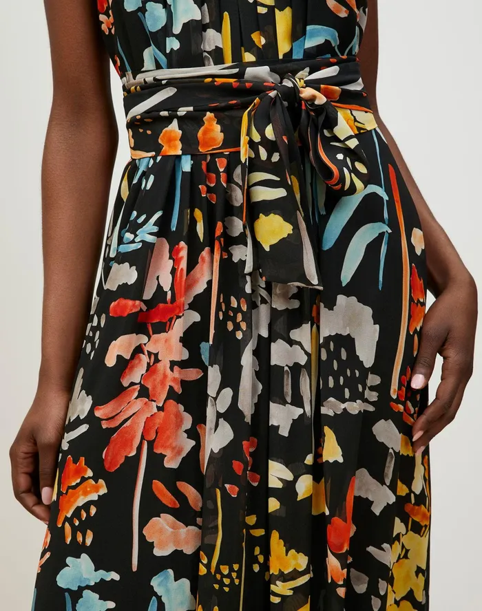 Women Lafayette 148 New York Dresses Petite Nia Midi Dress In Blooming Eden Print Silk Black Multi