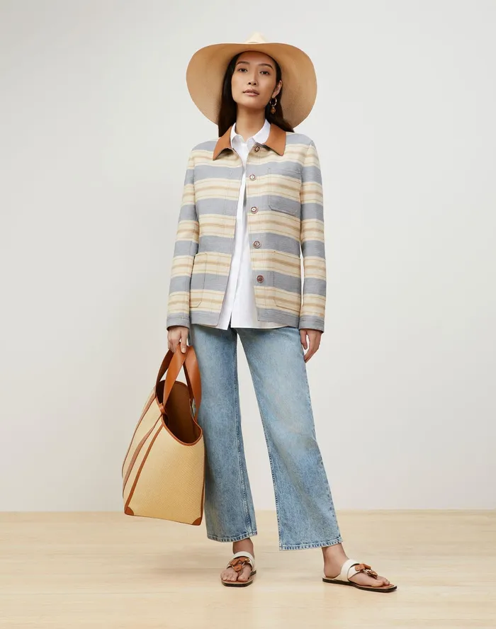 Women Lafayette 148 New York Jackets and Blazers Amaris Jacket In Patio Stripe Italian Kindlinen Stone Multi