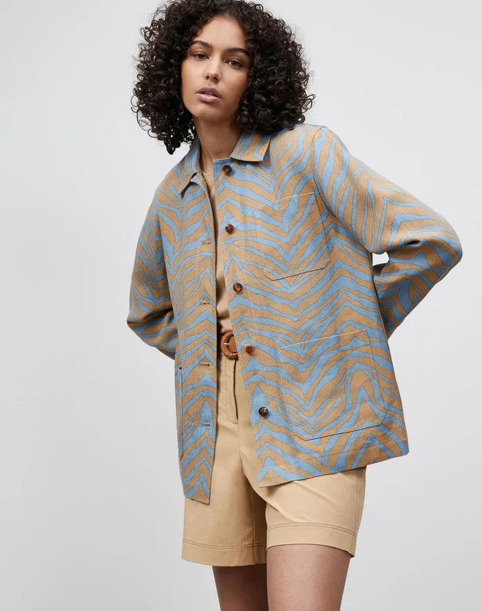 Women Lafayette 148 New York Jackets and Blazers Amaris Shirt Jacket In Zevron Print Italian Linen Fresh Blue Multi Women Lafayette 148 New York Jackets and Blazers Amaris Shirt Jacket In Zevron Print Italian Linen Fresh Blue Multi