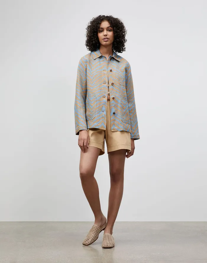 Women Lafayette 148 New York Jackets and Blazers Amaris Shirt Jacket In Zevron Print Italian Linen Fresh Blue Multi