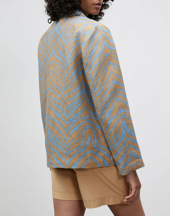Women Lafayette 148 New York Jackets and Blazers Amaris Shirt Jacket In Zevron Print Italian Linen Fresh Blue Multi