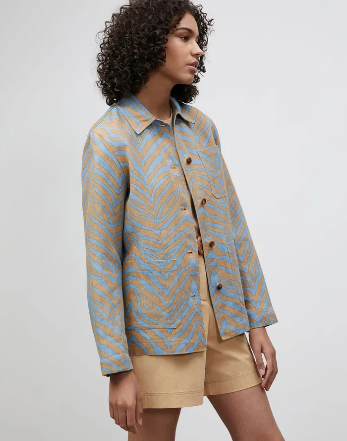 Women Lafayette 148 New York Jackets and Blazers Amaris Shirt Jacket In Zevron Print Italian Linen Fresh Blue Multi