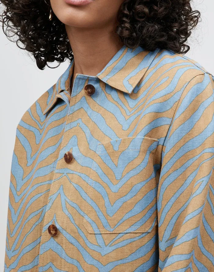 Women Lafayette 148 New York Jackets and Blazers Amaris Shirt Jacket In Zevron Print Italian Linen Fresh Blue Multi