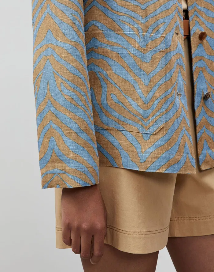 Women Lafayette 148 New York Jackets and Blazers Amaris Shirt Jacket In Zevron Print Italian Linen Fresh Blue Multi