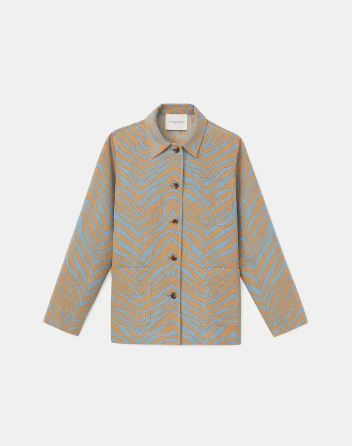 Women Lafayette 148 New York Jackets and Blazers Amaris Shirt Jacket In Zevron Print Italian Linen Fresh Blue Multi