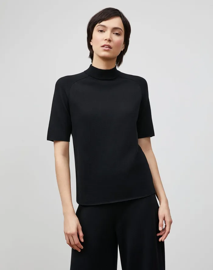 Women Lafayette 148 New York Sweaters Cotton Crepe Double Knit Mockneck Sweater Black