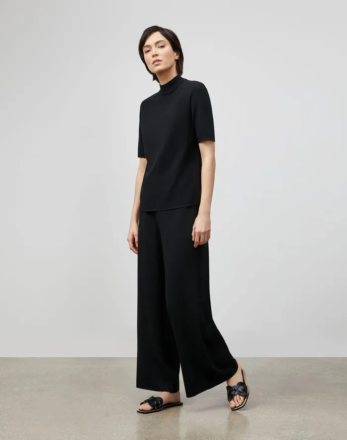Women Lafayette 148 New York Sweaters Cotton Crepe Double Knit Mockneck Sweater Black