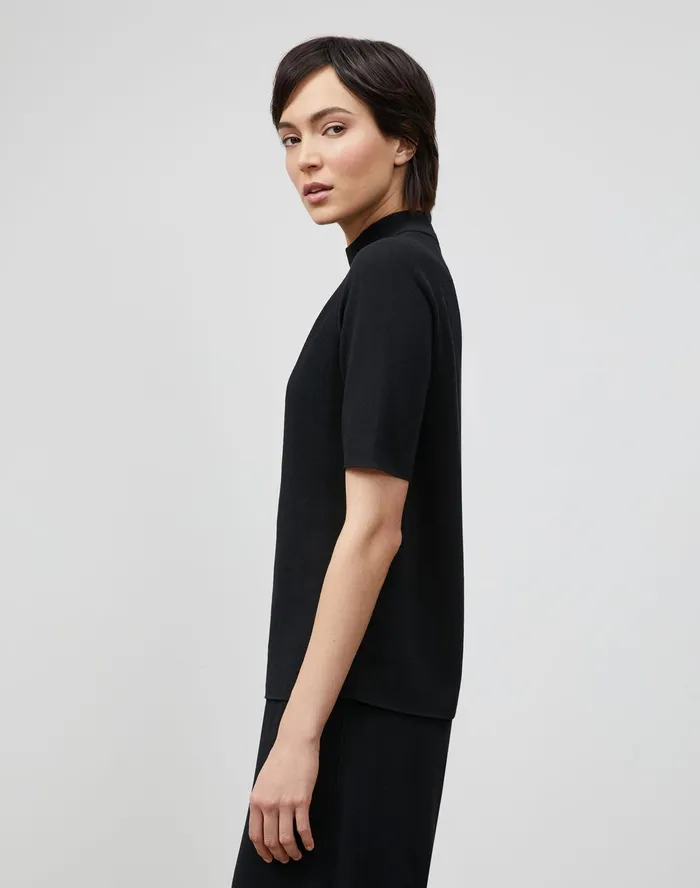 Women Lafayette 148 New York Sweaters Cotton Crepe Double Knit Mockneck Sweater Black