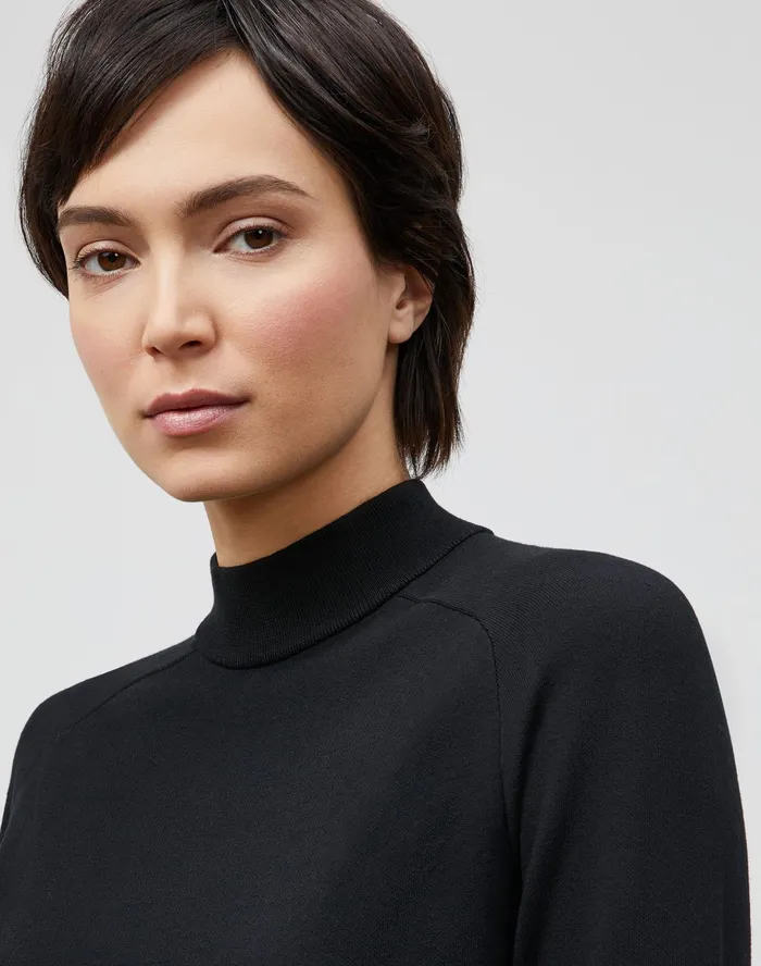 Women Lafayette 148 New York Sweaters Cotton Crepe Double Knit Mockneck Sweater Black