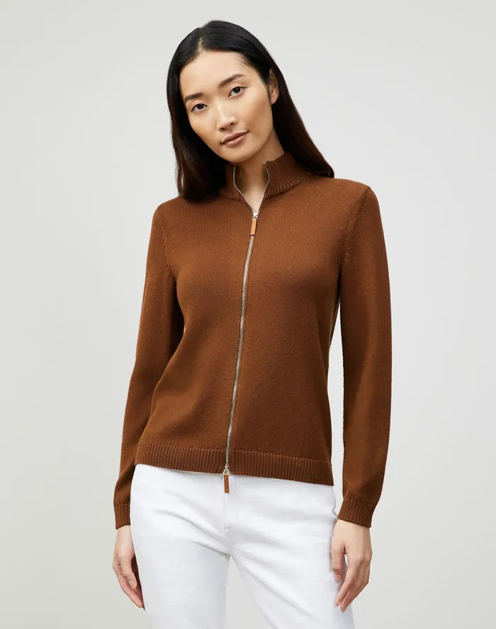 Women Lafayette 148 New York Sweaters Cotton Silk Tape Knit Bomber Mahogany