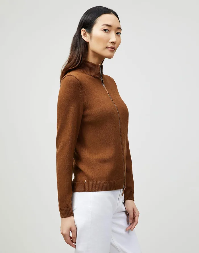 Women Lafayette 148 New York Sweaters Cotton Silk Tape Knit Bomber Mahogany