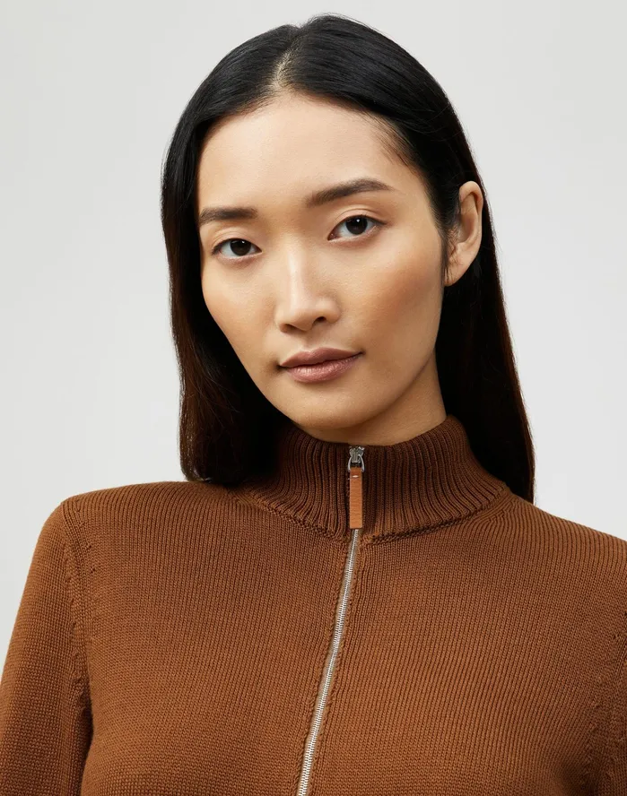 Women Lafayette 148 New York Sweaters Cotton Silk Tape Knit Bomber Mahogany
