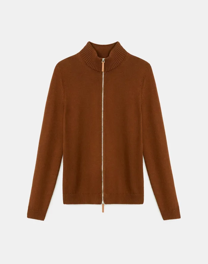 Women Lafayette 148 New York Sweaters Cotton Silk Tape Knit Bomber Mahogany