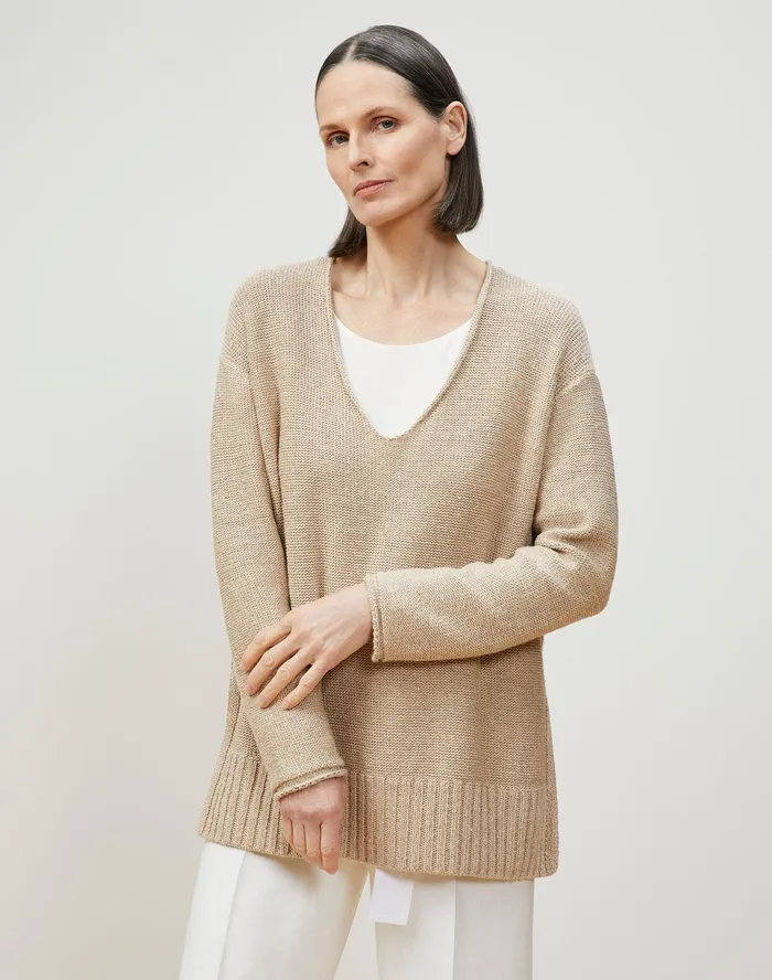 Women Lafayette 148 New York Sweaters Italian LinenCotton VNeck Sweater Parchment Melange