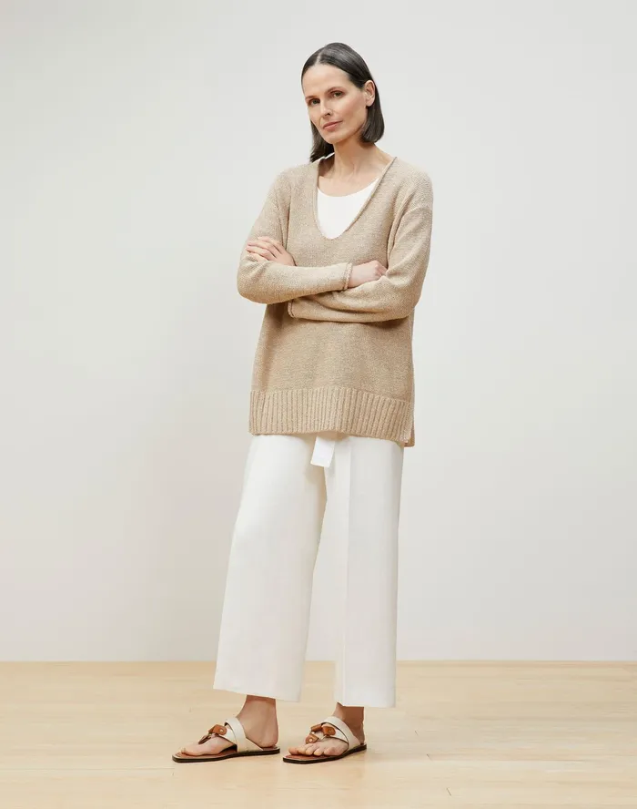 Women Lafayette 148 New York Sweaters Italian LinenCotton VNeck Sweater Parchment Melange