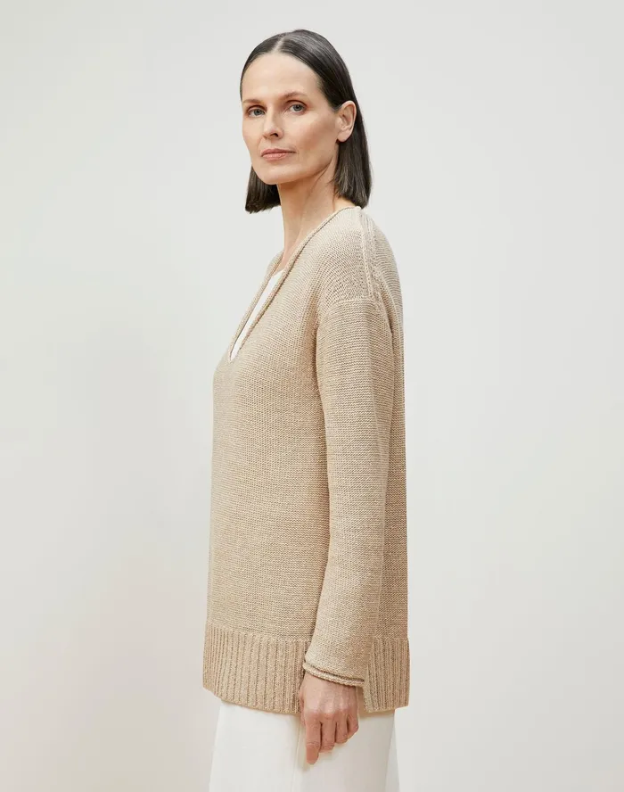 Women Lafayette 148 New York Sweaters Italian LinenCotton VNeck Sweater Parchment Melange