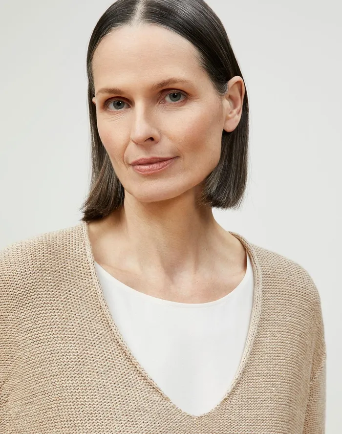 Women Lafayette 148 New York Sweaters Italian LinenCotton VNeck Sweater Parchment Melange