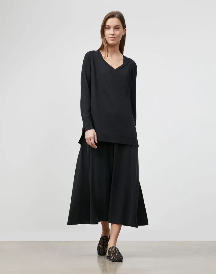 Women Lafayette 148 New York Sweaters Petite Cotton Crepe Plaited VNeck Sweater Black