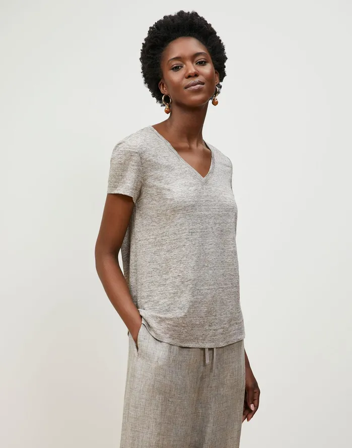 Women Lafayette 148 New York Tops and Tees Modern VNeck Tee In Italian Kindlinen Mlange Jersey Driftwood Melange Women Lafayette 148 New York Tops and Tees Modern VNeck Tee In Italian Kindlinen Mlange Jersey Driftwood Melange